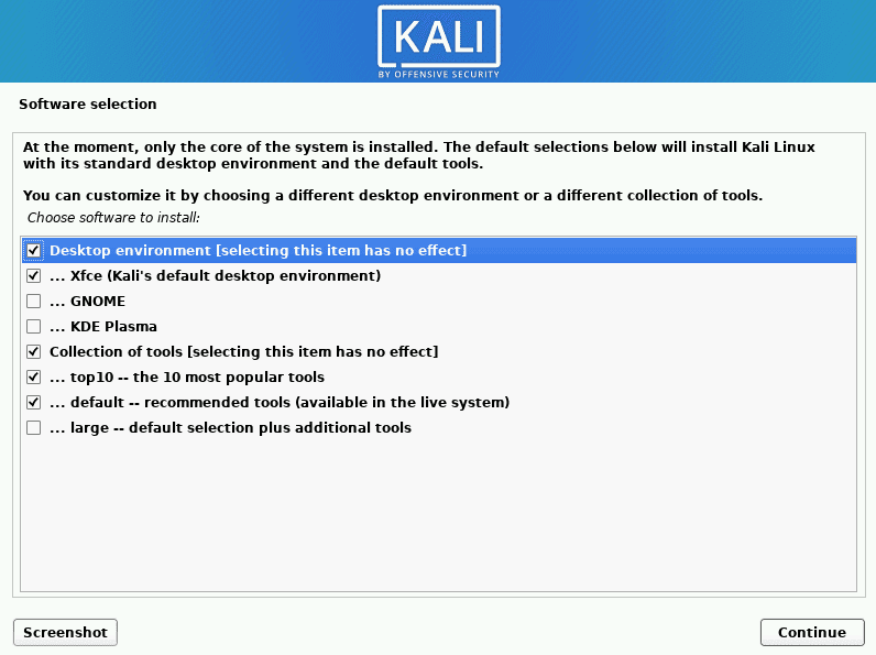 kali linux choose software to install