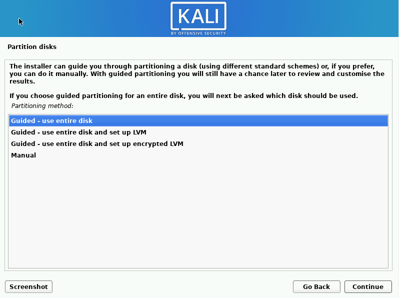 kali linux select partitioning method