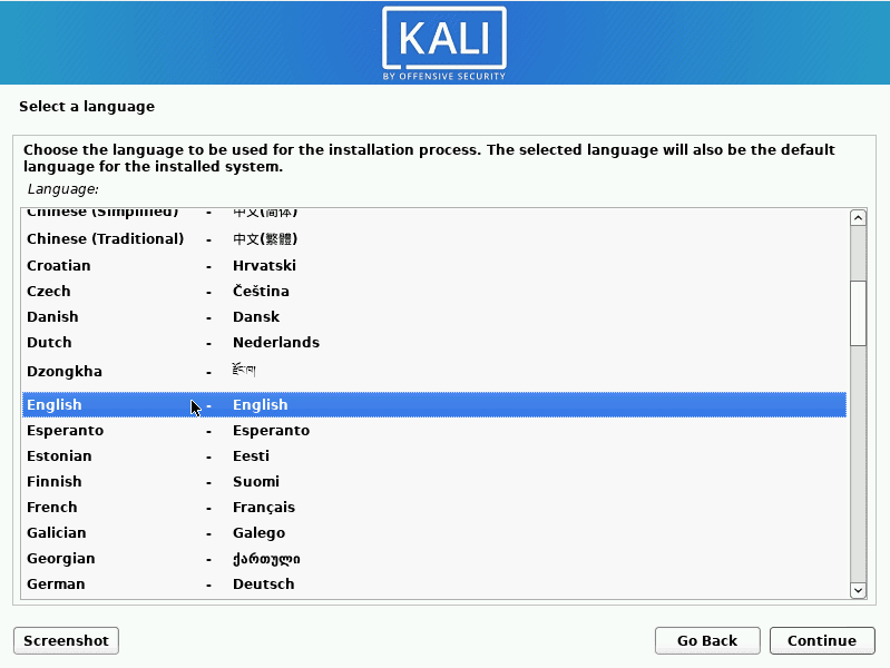kali linux selecting language