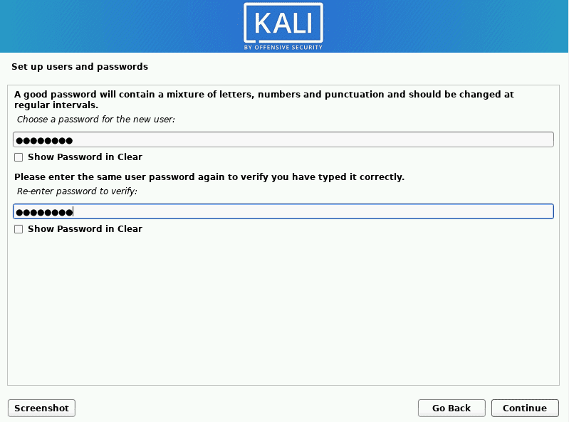 kali linux set up password