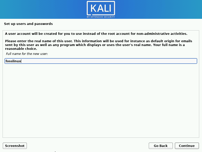 kali linux set up username