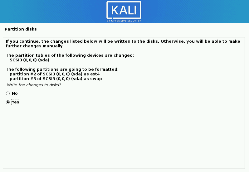 kali linux write the changes to the disk