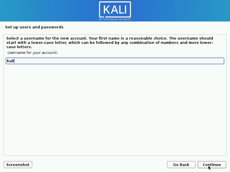 kali linux enter you username for the account