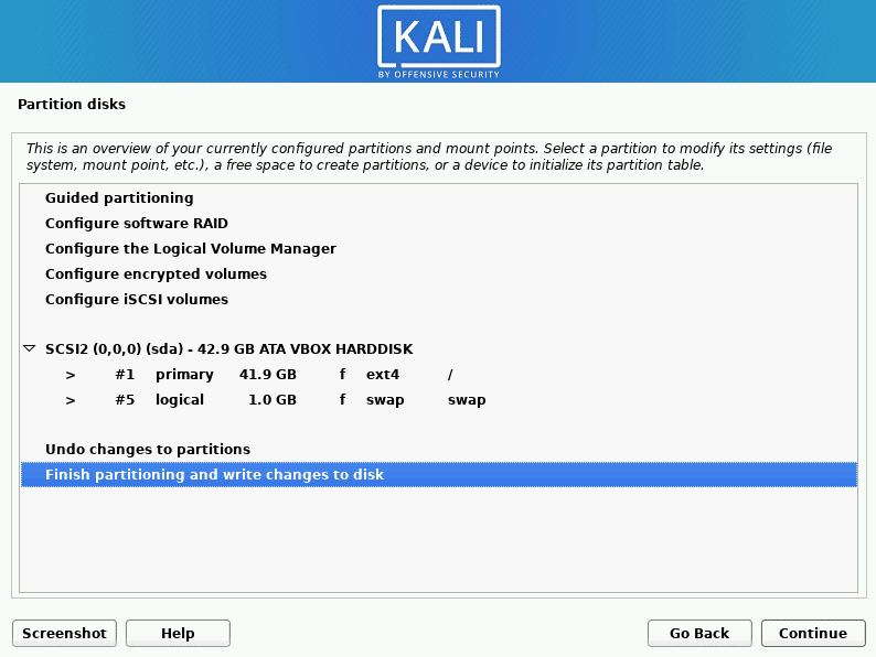 kali linux finish partitioning and write changes to disk