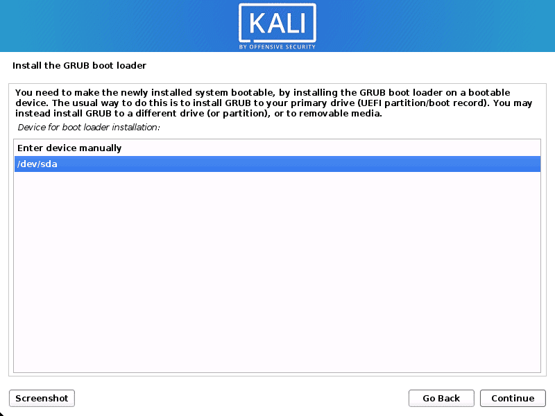 kali linux select hard drive to install grub boot loader