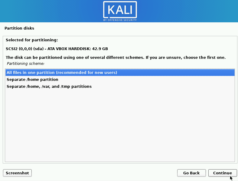 kali linux select the partitioning scheme