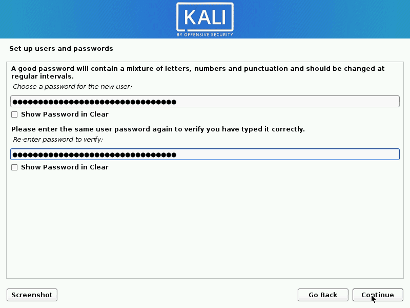 kali linux setup a strong password