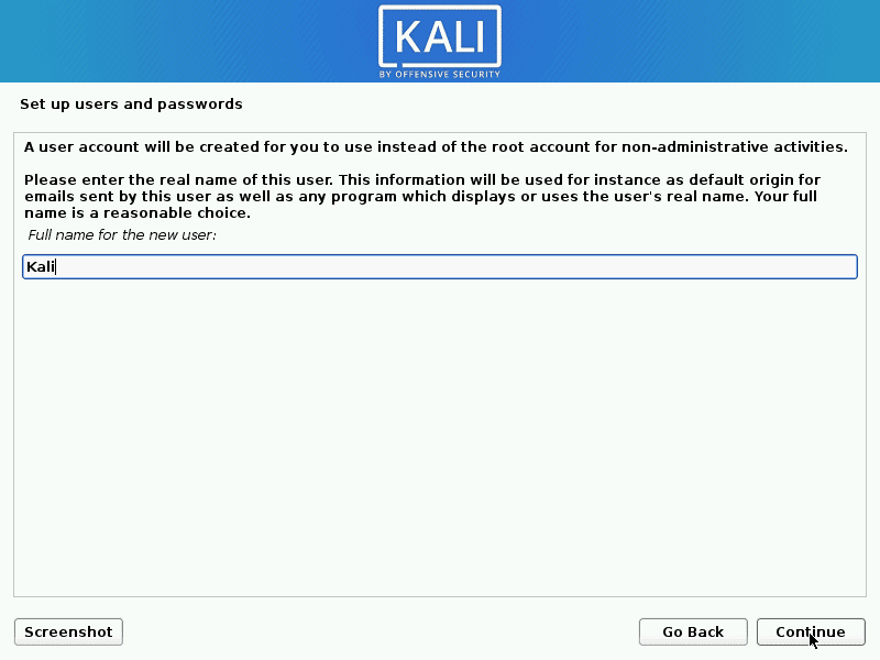 kali linux setup full name for a new user