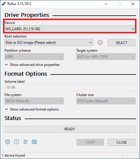 rufus select device