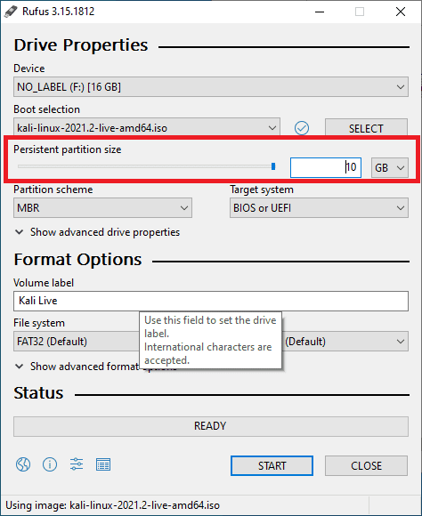 rufus select persistent size