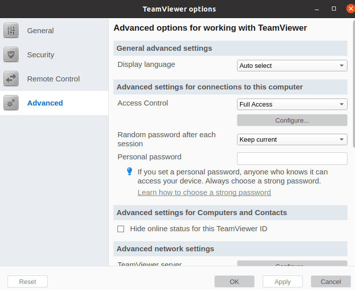 TeamViewer options advanced menu