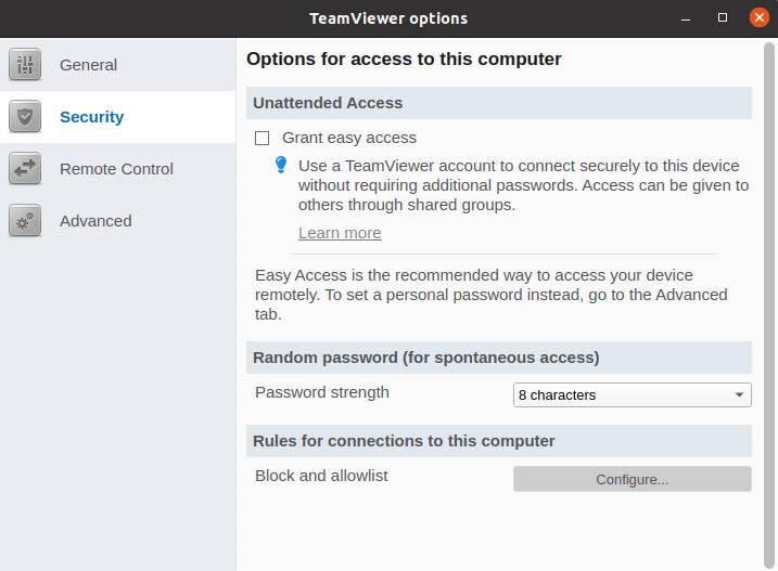 TeamViewer options security menu