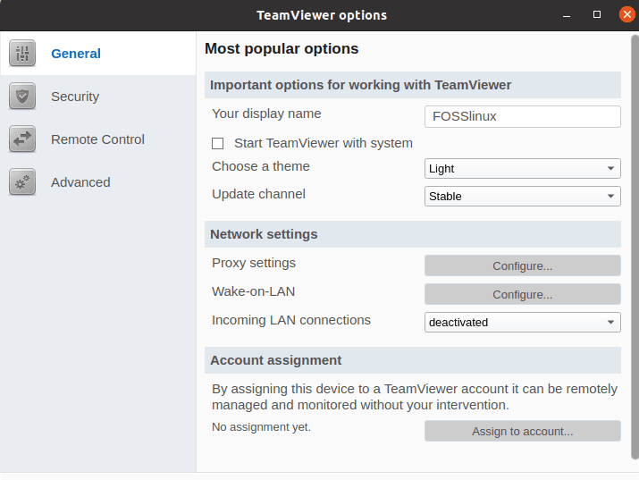 TeamViewer options submenu