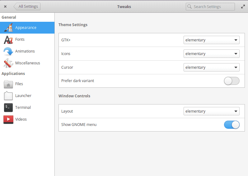 the tweaks settings panel