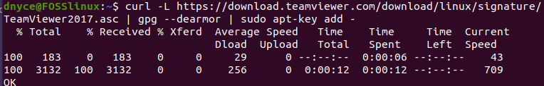 adding the TeamViewer GPG key through the Ubuntu OS command-line 