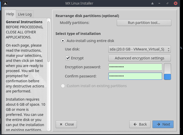 installer setting up encryption