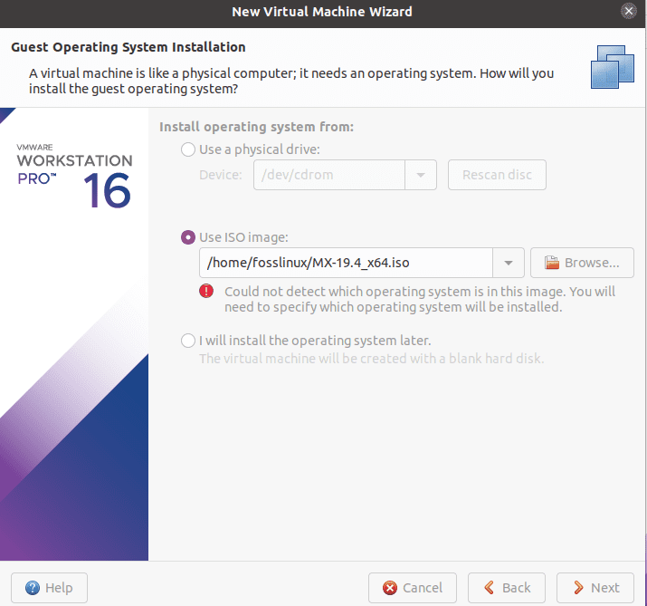 selecting the iso image