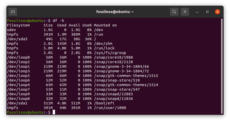 check space used in a disk by the linux system using the df command