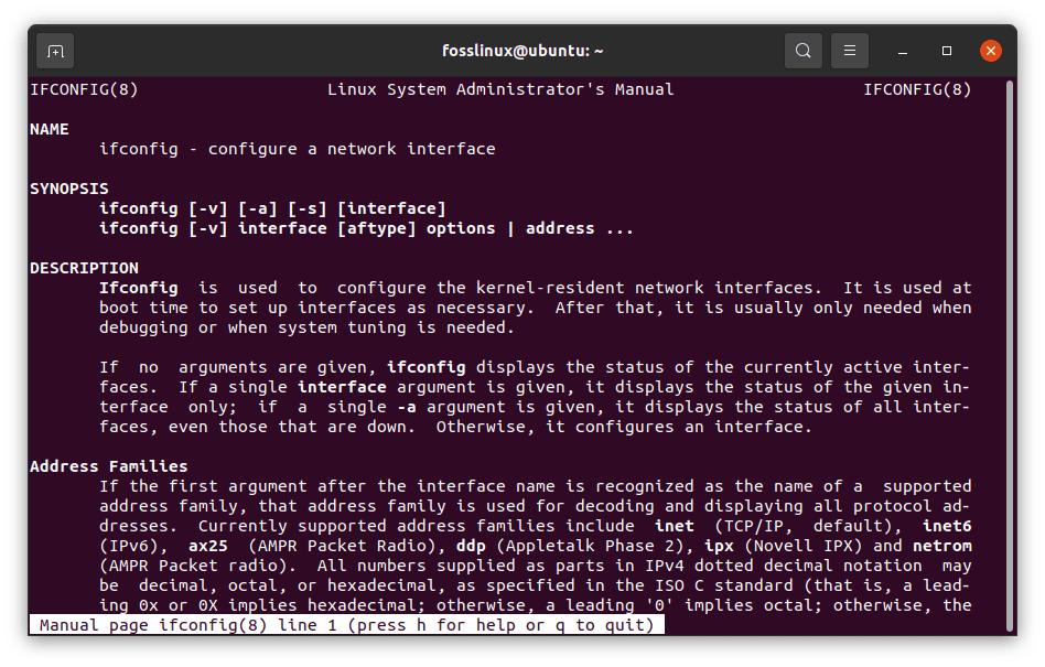 use the man command to check information about the ifconfig command