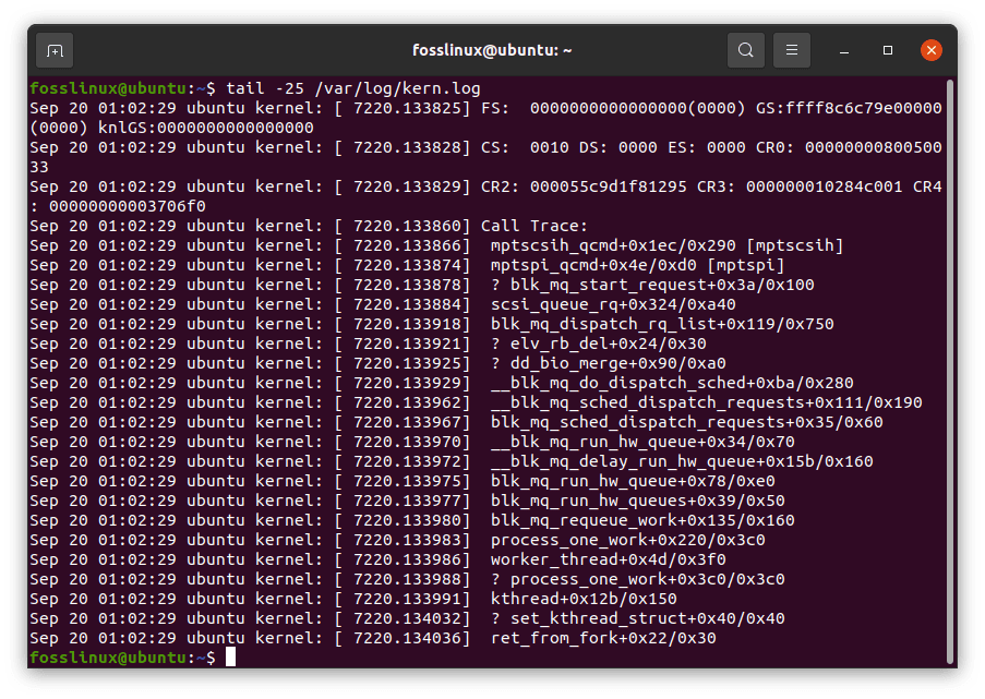 use the tail command to print the last 25 lines of the kernel log