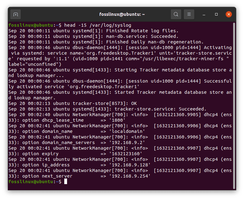 use the head command to print the first 15 lines of the rsyslogd