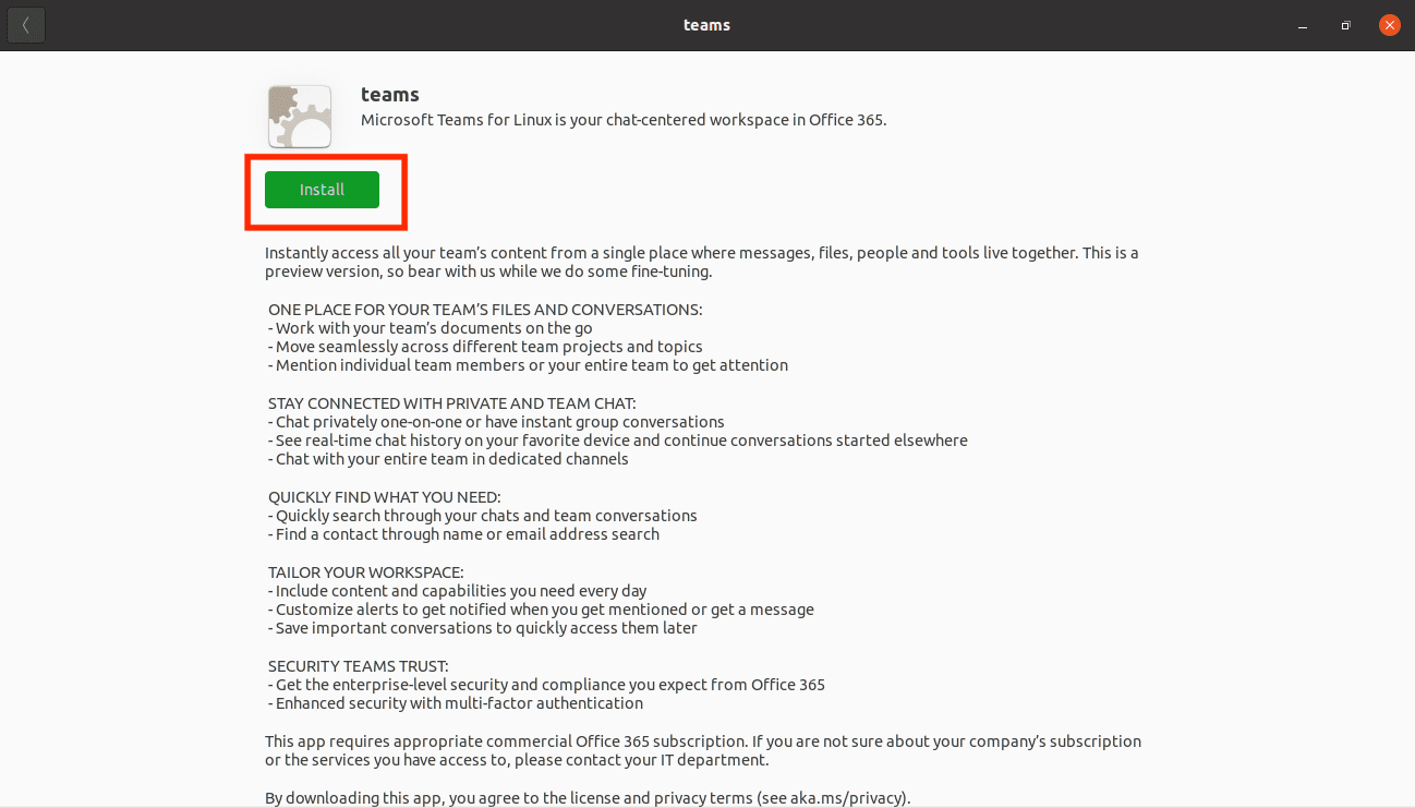 click the install button to install microsoft teams