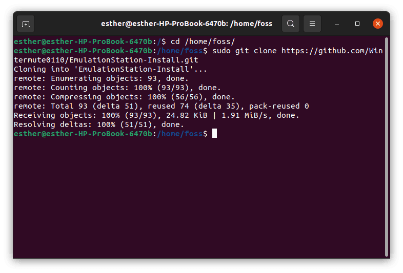 cd into foss and ckibe the emulation station repo