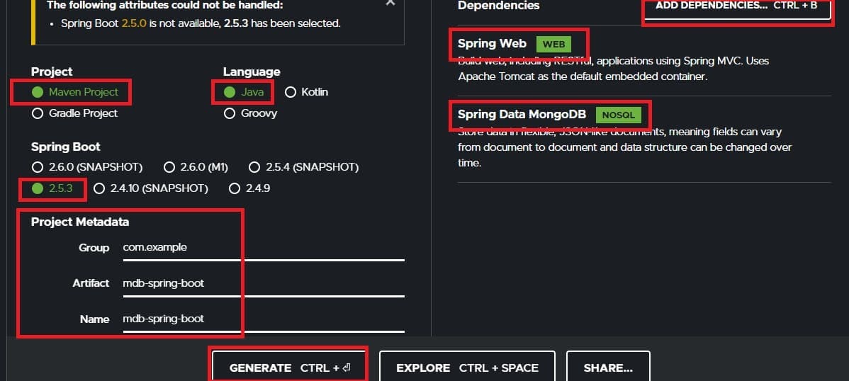 spring initializr settings