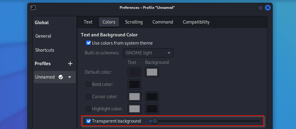 Setting the transparency