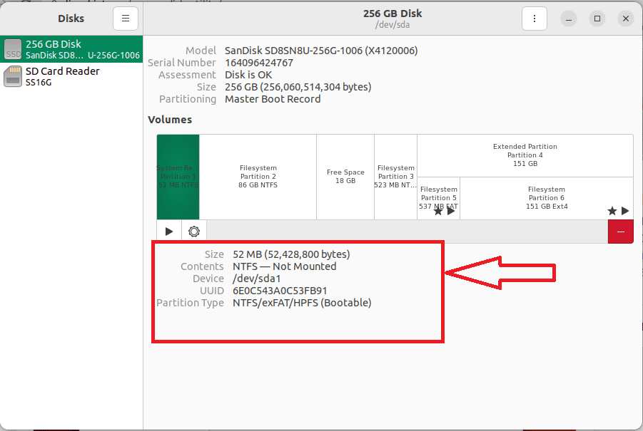 Existing partition info