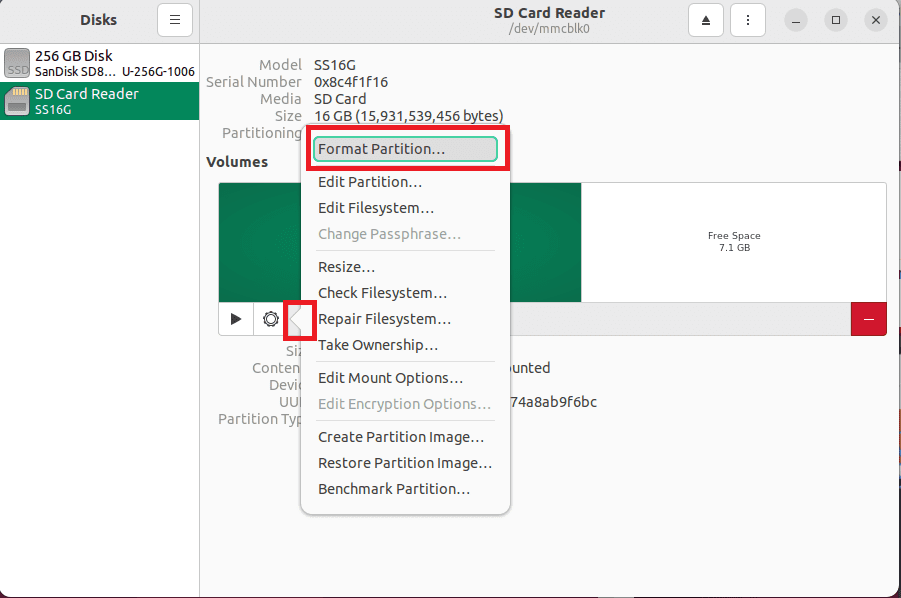 select gear icon then format partition