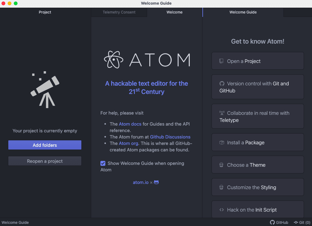 atom welcome page mac