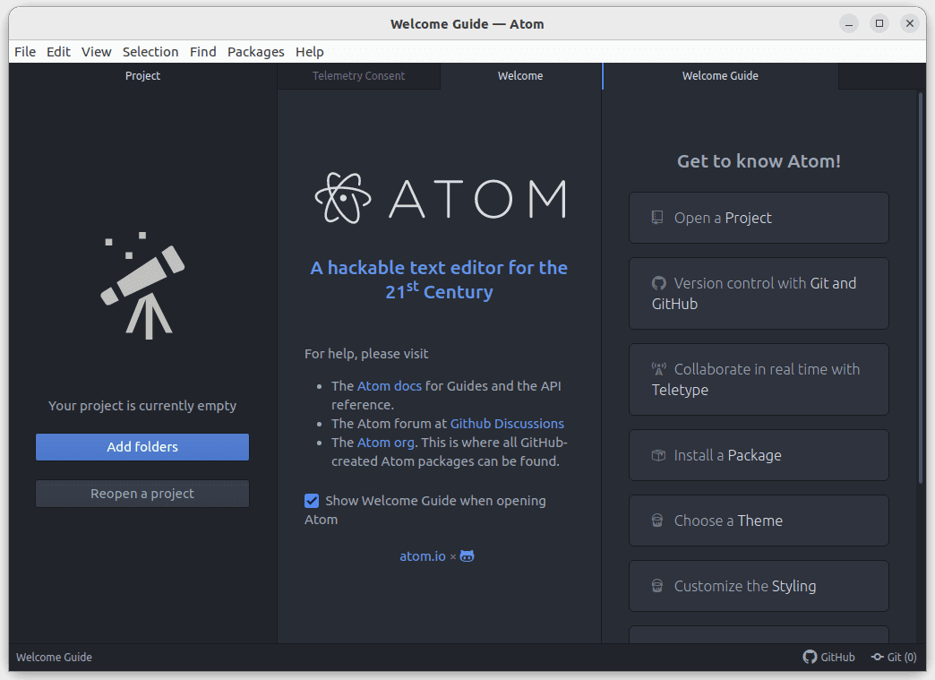 atom welcome page