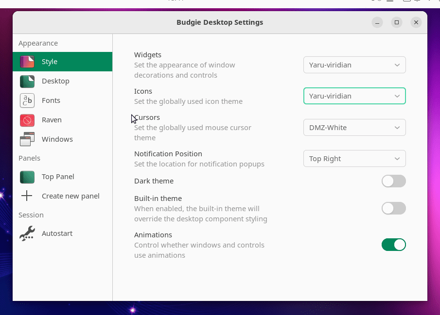 budgie desktop settings