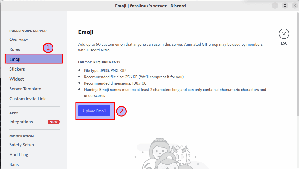 select emoji and upload emoji options