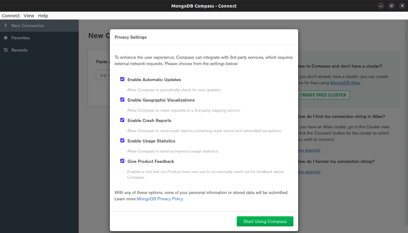 mongodb compass privacy settings