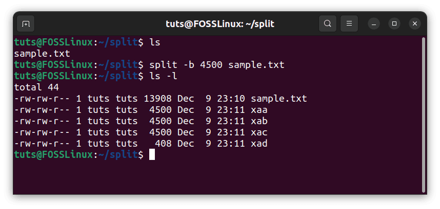 Splitting by number of bytes