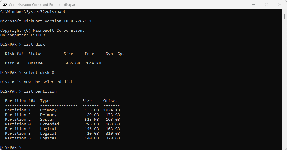 diskpart list disk and partitions