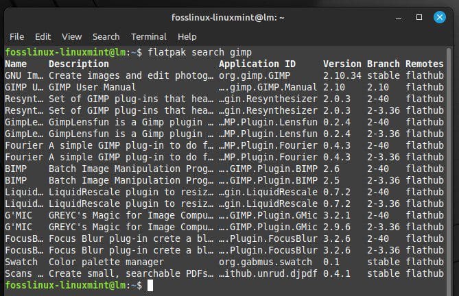 Searching for GIMP application in Flatpak