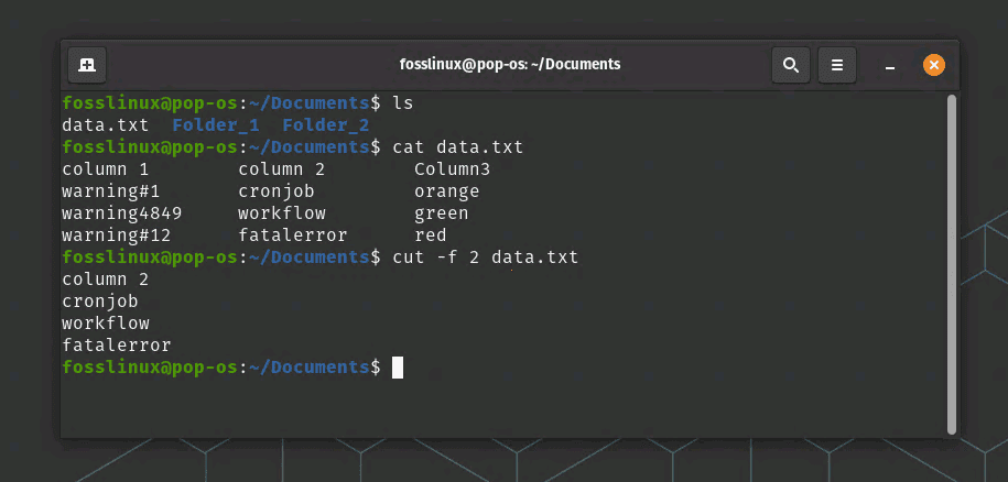 cut command extracts 2nd column data in this example