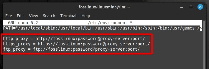 Editing the environment variables with proxy server ports