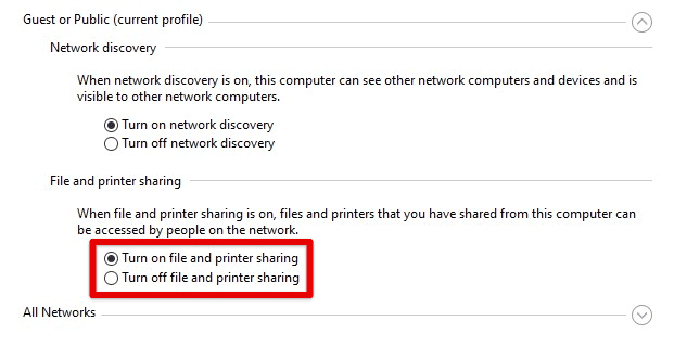 Enabling file and printer sharing