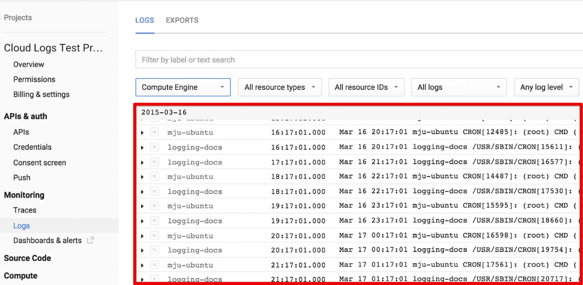 Google Cloud logging page