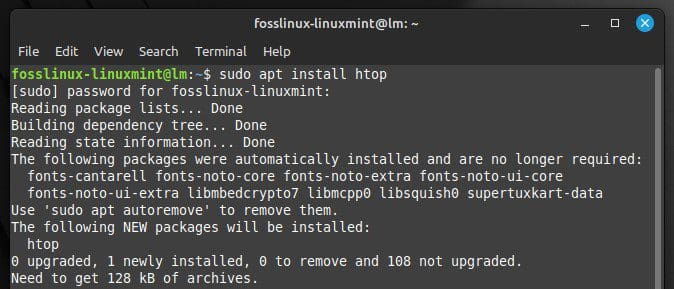 Installing htop in Linux Mint