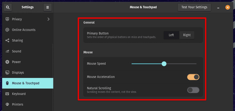 Mouse and touchpad settings