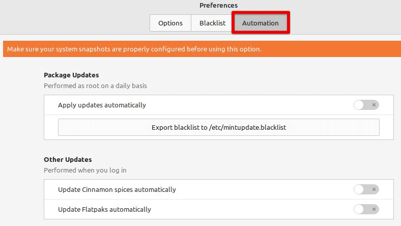 Opening the automation tab in preferences