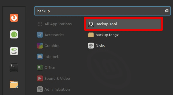 Opening the backup tool