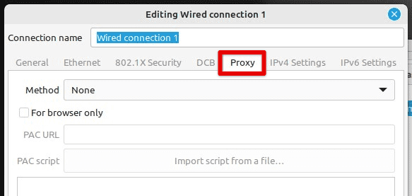 Proxy tab in network settings