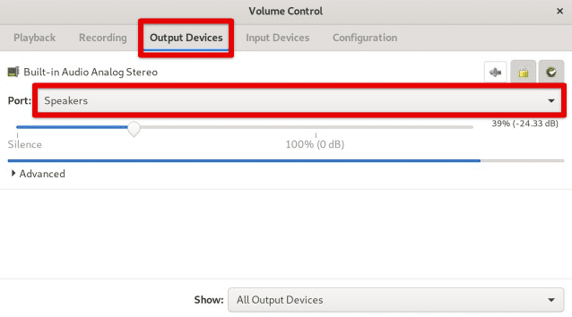 PulseAudio volume control output devices