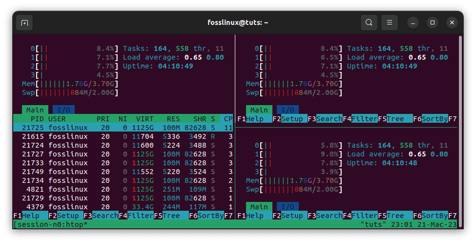 run htop command simultaneously on all panes